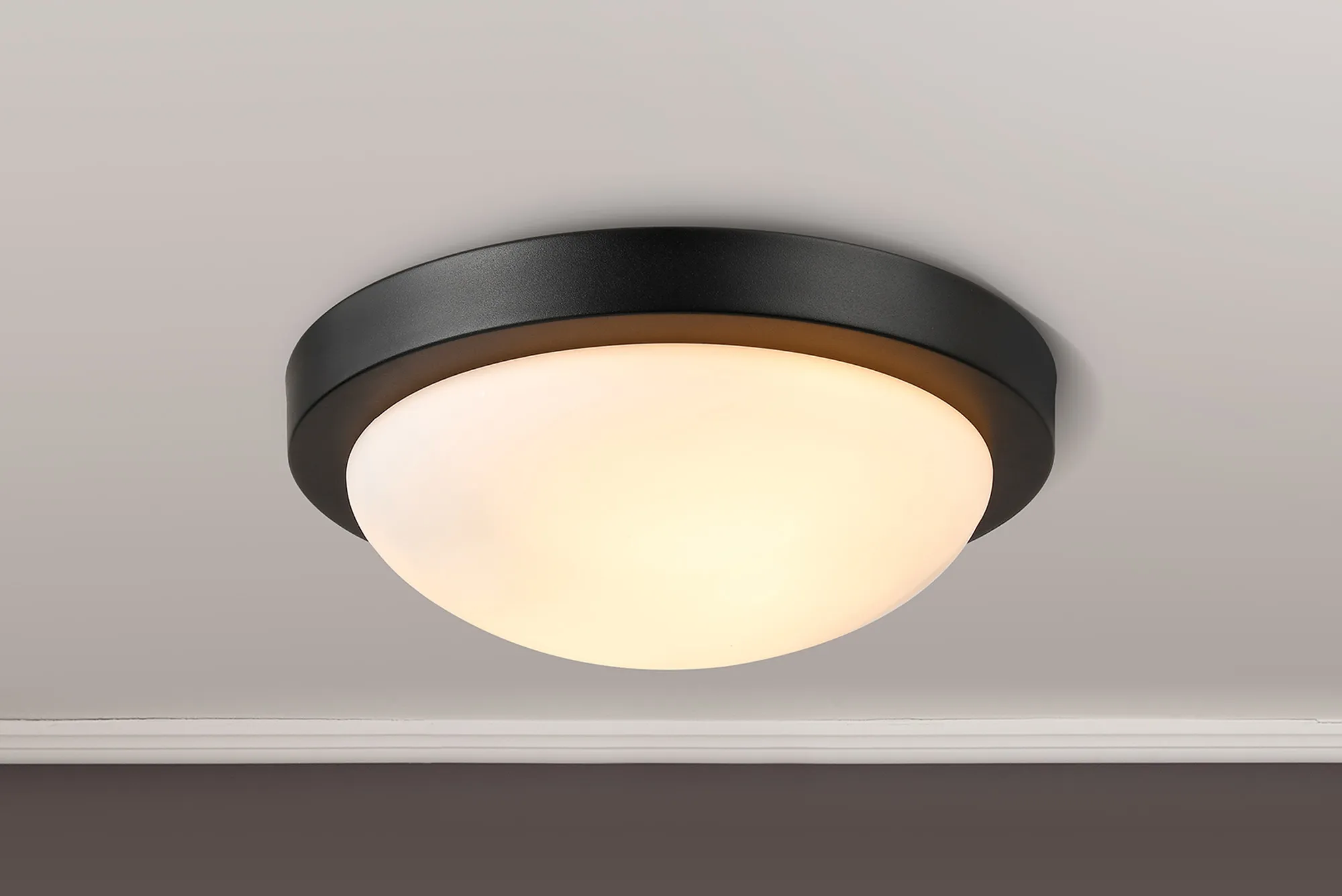 Porter 32cm Glass IP44 Flush Ceiling 2 Light Satin Black, Opal D0773  Deco Porter